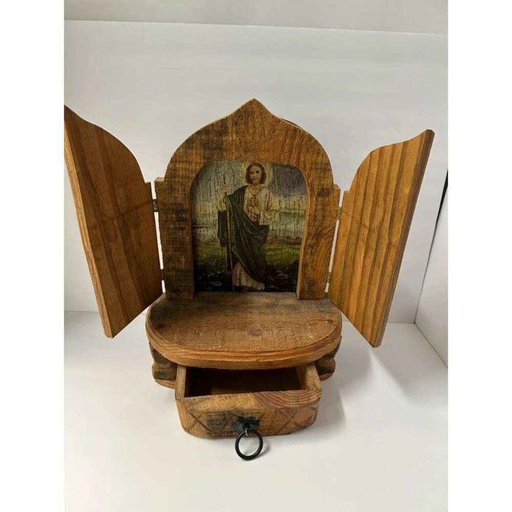 Vintage Jude Wooden Nicho Oratorio San Judas Tadeo Mexican Folk Art Home Altar